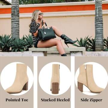 LAICIGO Women's Pointed Toe Ankle Boots Chunky Stacked Heel Side Zipper Faux Suede Ankle Booties, Beige, Size 7