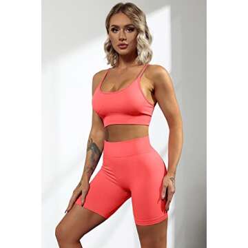 QINSEN Womens Tummy Control Shorts 2 Piece Outfits Running Crop Top Seamless High Waist Yoga Pants Coral Red M