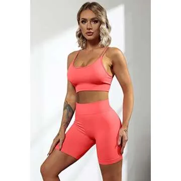 QINSEN Womens Tummy Control Shorts 2 Piece Outfits Running Crop Top Seamless High Waist Yoga Pants Coral Red M