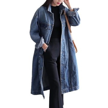 Jofemuho Womens Classic Long Jean Jacket Plus Size Loose Long Sleeve Trench Coat Blue