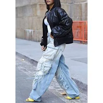 Lucuna Women's Cargo Pants Y2K High Waist Baggy Jeans Flap Pocket Loose Denim Pants Streetwear