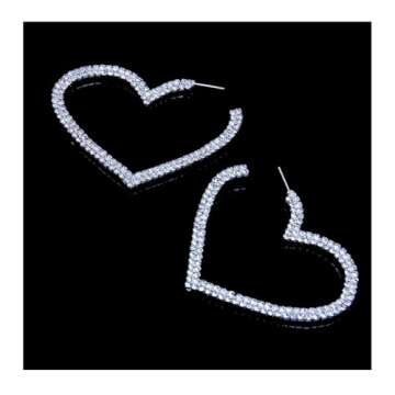 Rhinestones Hoop Earrings Big Heart Crystal Hoop Earrings Rhinestones Bridal Drop Dangle Earrings Statement Body Jewelry for Women (Silver)