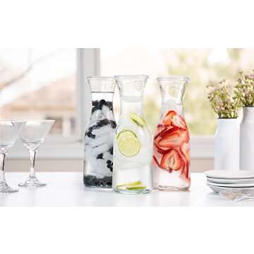 KooK Glass Carafe Pitchers, Large Carafe - Set of 3, Beverage Dispensers, Clear Jugs for Mimosas, Water, Wine, Milk and Juice, with Plastic Lids, 50 oz Dishwasher Safe