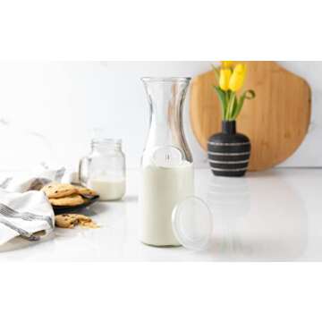 KooK Glass Carafe Pitchers, Large Carafe - Set of 3, Beverage Dispensers, Clear Jugs for Mimosas, Water, Wine, Milk and Juice, with Plastic Lids, 50 oz Dishwasher Safe