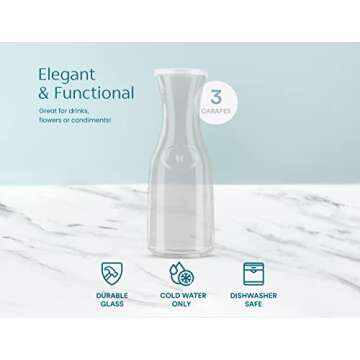 KooK Glass Carafe Pitchers, Large Carafe - Set of 3, Beverage Dispensers, Clear Jugs for Mimosas, Water, Wine, Milk and Juice, with Plastic Lids, 50 oz Dishwasher Safe