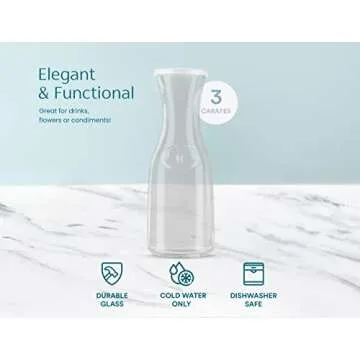 KooK Glass Carafe Pitchers, Large Carafe - Set of 3, Beverage Dispensers, Clear Jugs for Mimosas, Water, Wine, Milk and Juice, with Plastic Lids, 50 oz Dishwasher Safe