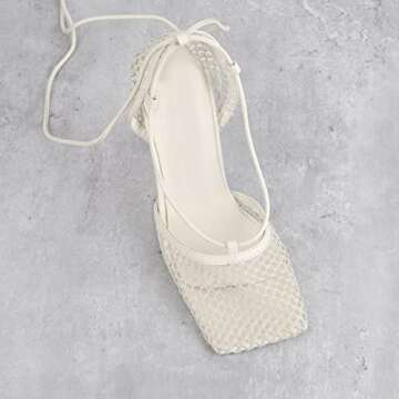 Richealnana Women's Square Toe Mesh High Heel Lace Up Cross-Tied Stiletto Open Toe Strappy Heel Dress Sandal Pumps For Party Prom Beige US 8