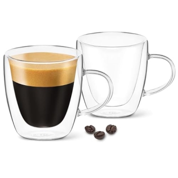 DLux Espresso Coffee Cups 3oz - Double Wall Insulated Glass Set of 2 with Handles