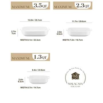 MALACASA Casserole Dishes for Oven, Porcelain Baking Dishes Set of 3, Durable Casserole Dish Set Las...