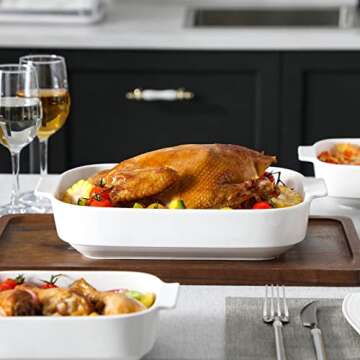 MALACASA Casserole Dishes for Oven, Porcelain Baking Dishes Set of 3, Durable Casserole Dish Set Lasagna Pan Deep, Ceramic Bakeware Sets with Handles, White (13.8''/11.7''/9.4''), Series Bake