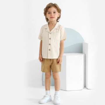 Weixinbuy Baby Boy Clothes Set Toddler Summer Outfit Cotton Linen Short Sleeve T-Shirt Top Pocket Button-Down Shirt Short Set