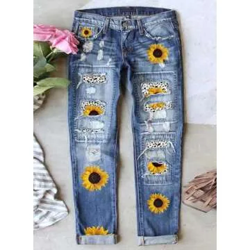 Astylish Women Sunflower Distressed Boyfriend Jeans Raw Hem Mid Waist Denim Stretchy Ripped Washed A...