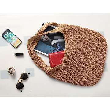 Woven Tote Bag for Women Large Straw Bags Summer Beach Hand-woven Shoulder Bag Boho Rattan Handbag Khaki