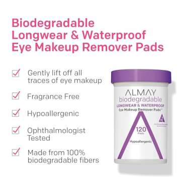 Almay Biodegradable Makeup Remover Pads, Longwear & Waterproof, Hypoallergenic, Fragrance-Free, Derm...