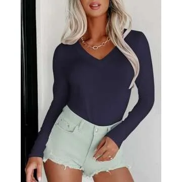 Ekouaer Long Sleeve Shirts for Women Fashion V Neck Basics Tops Lightweight Base Layer Slim Fit Top Navy Blue M