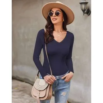 Ekouaer Long Sleeve Shirts for Women Fashion V Neck Basics Tops Lightweight Base Layer Slim Fit Top Navy Blue M