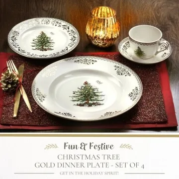 Spode Christmas Tree Gold Dinner Plate Set of 4 - Festive & Durable