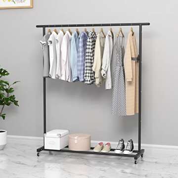 Buzowruil Clothing Clothes Rack Standard Rod Simple Rolling Metal Garment Rack Organizer Freestanding Hanger with Wheels,Black