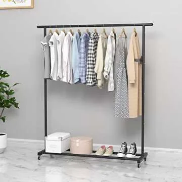 Buzowruil Clothing Clothes Rack Standard Rod Simple Rolling Metal Garment Rack Organizer Freestanding Hanger with Wheels,Black