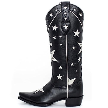 YIYA Women's Star Cowboy Boots - Chic Black and White Cowgirl Boots with Stars
