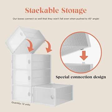 12-Pack Shoe Storage Boxes, Shoes Organizer for Closet, Clear Plastic Stackable Shoe Containers in 7 Sizes/Colors, Clear Shoe Boxes Stackable & Foldable for Sneaker Storage, Fits Shoes up to Size 10