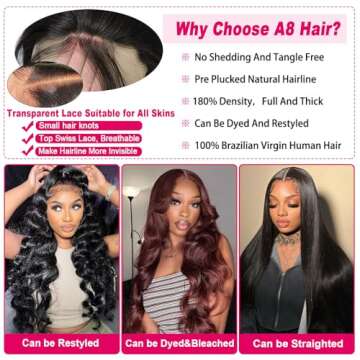 A8 22 inch Lace Front Wig Human Hair Body Wave HD Lace Frontal 13x4 180 Density Glueless Wigs Human Hair Pre Plucked with Baby Hair for Women Natural Black