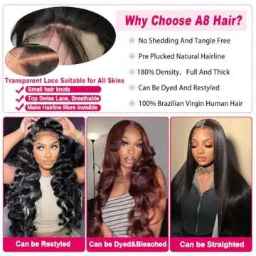 A8 22 inch Lace Front Wig Human Hair Body Wave HD Lace Frontal 13x4 180 Density Glueless Wigs Human Hair Pre Plucked with Baby Hair for Women Natural Black