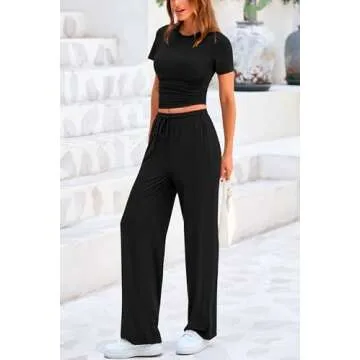 PRETTYGARDEN Women's 2 Piece Outfits Summer Tracksuit Lounge Sets Short Sleeve Crop Tops T Shirts High Waisted Wide Leg Pants (Black,Medium)