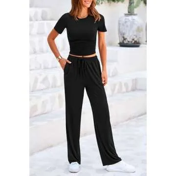 PRETTYGARDEN Women's 2 Piece Outfits Summer Tracksuit Lounge Sets Short Sleeve Crop Tops T Shirts High Waisted Wide Leg Pants (Black,Medium)