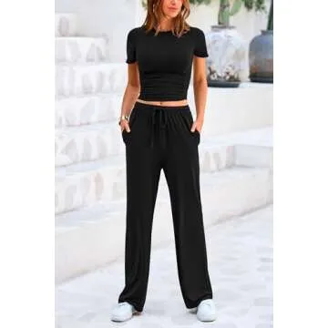 PRETTYGARDEN Women's 2 Piece Outfits Summer Tracksuit Lounge Sets Short Sleeve Crop Tops T Shirts High Waisted Wide Leg Pants (Black,Medium)