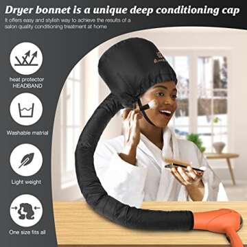 Bonnet Hood Hair Dryer Attachment - Soft, Adjustable Extra Large Bonnet Hair Dryer for Speeds Up Drying Time at Home, Easy to Use for Styling, Curling and Deep Conditioning (Black)