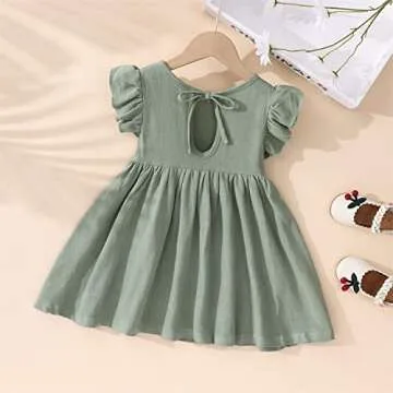 Toddler Baby Girl Dress Summer Cotton Linen Ruffle Halter Sleeveless Kids Casual Beach Party Dresses 2-7 Years (Grey Green, 4-5T, 4_Years)