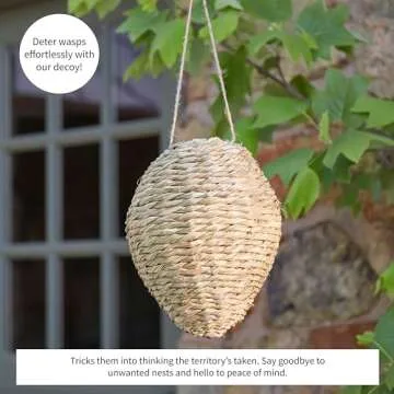 Evergreen Garden Wasp Nest Decoy | 10 inches Wasp Deterrent Outdoor Hanging | Fake Wasp Nests for Home, Patio, Garden | Made of Woven Reed and Rope