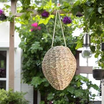 Evergreen Garden Wasp Nest Decoy | 10 inches Wasp Deterrent Outdoor Hanging | Fake Wasp Nests for Home, Patio, Garden | Made of Woven Reed and Rope