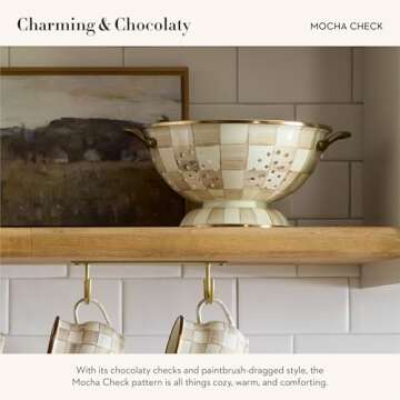 MACKENZIE-CHILDS Enamel Colander, Decorative Kitchen Strainer, Large, Brown-and-White Mocha Check