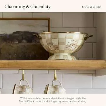 MACKENZIE-CHILDS Enamel Colander, Decorative Kitchen Strainer, Large, Brown-and-White Mocha Check