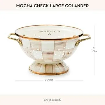 MACKENZIE-CHILDS Enamel Colander, Decorative Kitchen Strainer, Large, Brown-and-White Mocha Check