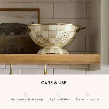 MACKENZIE-CHILDS Enamel Colander, Decorative Kitchen Strainer, Large, Brown-and-White Mocha Check