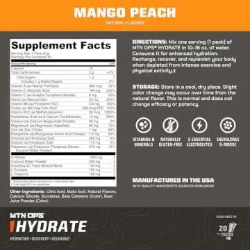 MTN OPS Hydrate Electrolytes Powder Drink Mix - 20 On-the-Go Packs, Mango Peach
