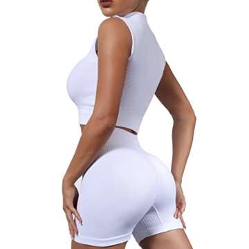 ANOTHER CHOICE Women Workout Set 2 Piece Ribbed Yoga Suit Athletic Zipper Crop Tank Top Booty Shorts Activewear(White,L)