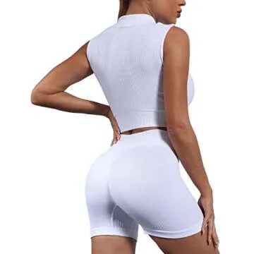 ANOTHER CHOICE Women Workout Set 2 Piece Ribbed Yoga Suit Athletic Zipper Crop Tank Top Booty Shorts Activewear(White,L)