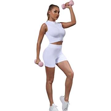 ANOTHER CHOICE Women Workout Set 2 Piece Ribbed Yoga Suit Athletic Zipper Crop Tank Top Booty Shorts Activewear(White,L)