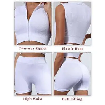 ANOTHER CHOICE Women Workout Set 2 Piece Ribbed Yoga Suit Athletic Zipper Crop Tank Top Booty Shorts Activewear(White,L)