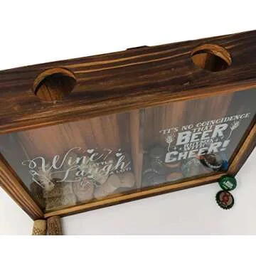 Wine Cork & Beer Cap Holder Shadow Box, Wall Mounted or Free Standing, Wine & Bar Decor for Him & Her, Rustic Stained Wood, 11" x 13"