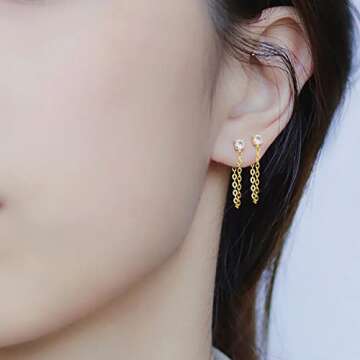 Reffeer 925 Sterling Silver CZ Chain Studs Earrings Dangle for Women Teen Girls CZ Chain Drop Earrings Studs (B-Gold)