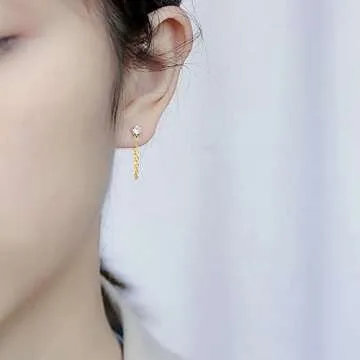 Reffeer 925 Sterling Silver CZ Chain Studs Earrings Dangle for Women Teen Girls CZ Chain Drop Earrings Studs (B-Gold)