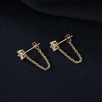 Reffeer 925 Sterling Silver CZ Chain Studs Earrings Dangle for Women Teen Girls CZ Chain Drop Earrings Studs (B-Gold)