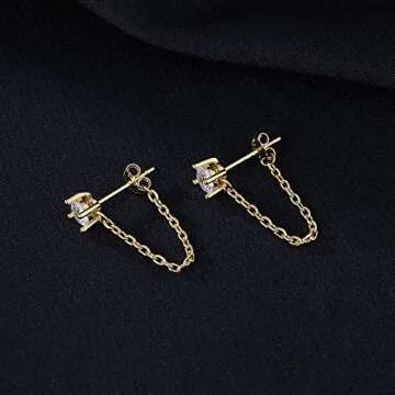 Reffeer 925 Sterling Silver CZ Chain Studs Earrings Dangle for Women Teen Girls CZ Chain Drop Earrings Studs (B-Gold)