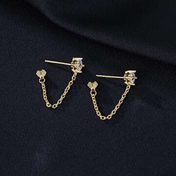 Reffeer 925 Sterling Silver CZ Chain Studs Earrings Dangle for Women Teen Girls CZ Chain Drop Earrings Studs (B-Gold)
