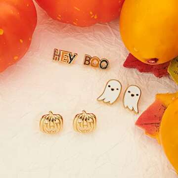 WOWORAMA 3 Pairs Halloween Stud Earrings Set - Ghosts, Pumpkins & Boo